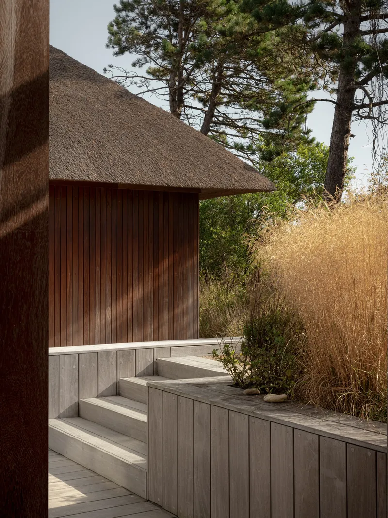 Weathered timber steps and bench beneath the thatched roof with pine trees and grasses
