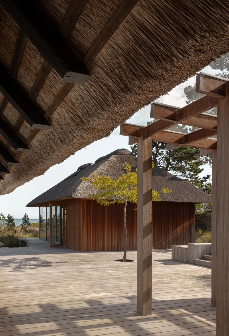 Timber deck with pergola showing exposed thatched eaves and adjacent vertical wood-clad volume