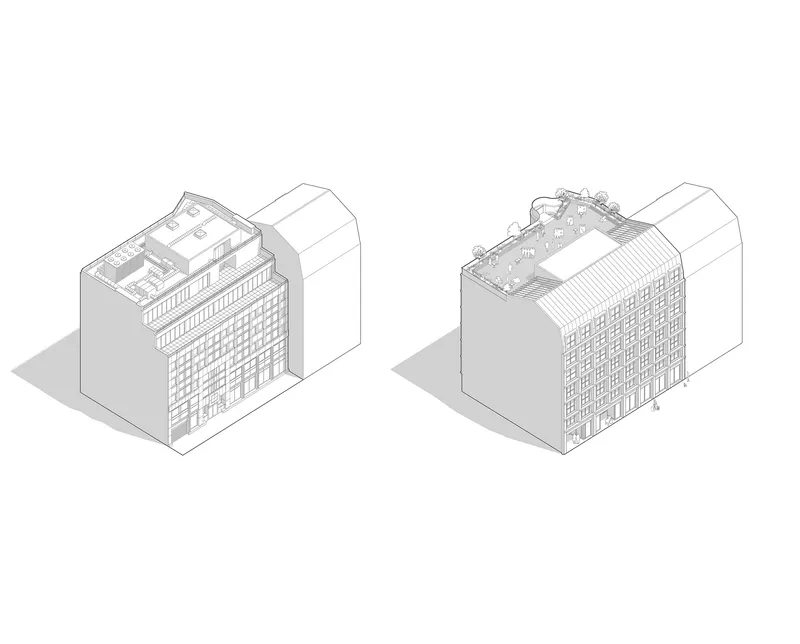 Axonometric drawing showing two facade options for a building volume between two adjacent structures