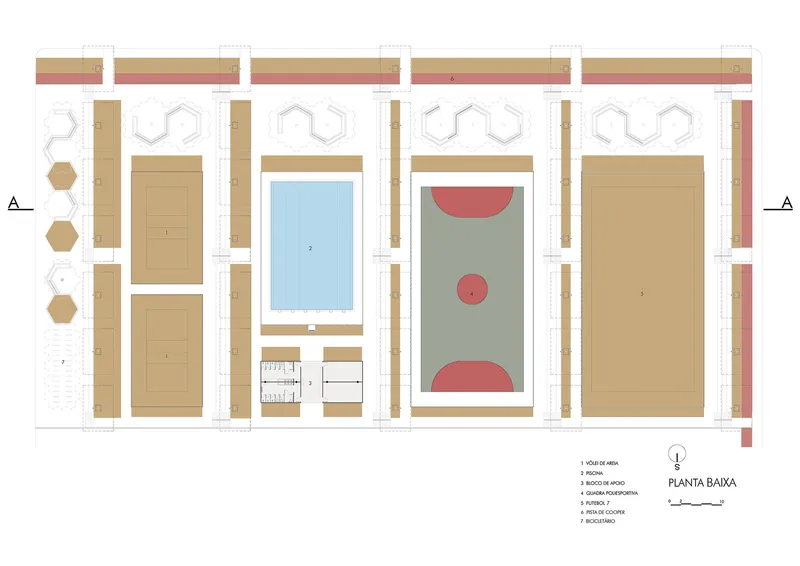 Floor plan drawing showing swimming pool, sports court, and multiple rectangular building volumes with solar arrays