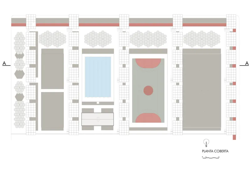 Roof plan drawing indicating canopy structures over swimming pool, sports court, and enclosed building volumes