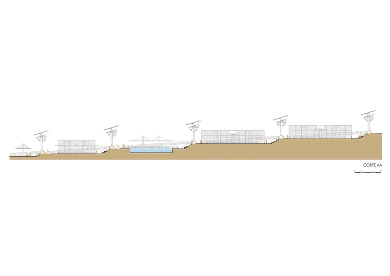 Section drawing showing solar panel canopies on sloped terrain with pool and enclosed structures below