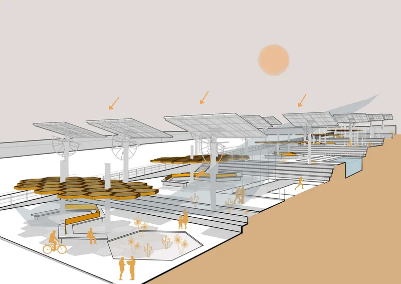 Axonometric drawing showing tiered outdoor plaza with solar panel canopies and people walking among planted areas