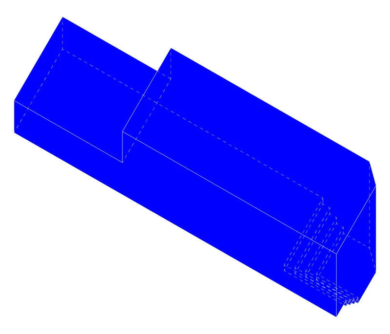 Isometric view of a rectangular volume with a cantilevered box and stair element