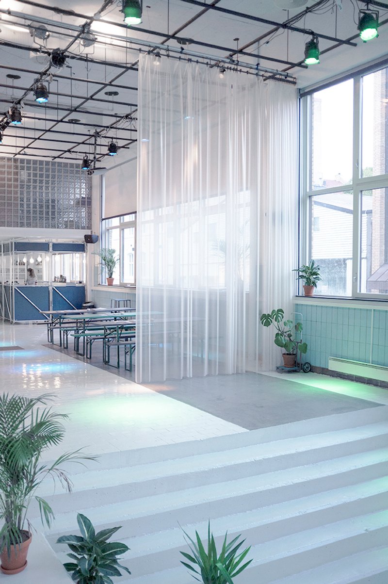 Sheer fabric divider suspended from the exposed ceiling grid with potted plants arranged below