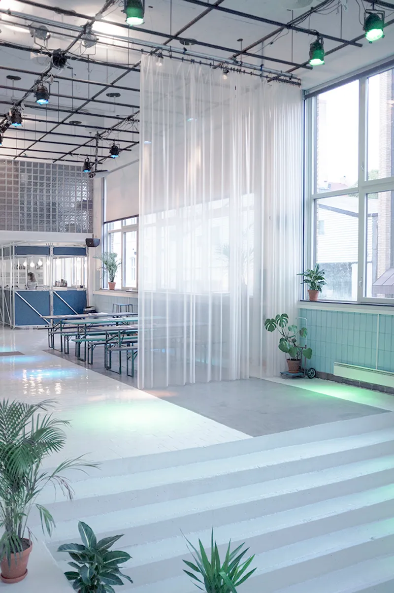 Sheer fabric divider suspended from the exposed ceiling grid with potted plants arranged below