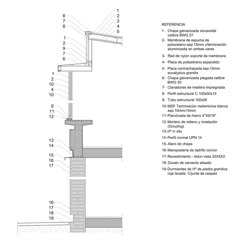 Detailed wall section showing roof connection, steel frame, insulation layers and stone foundation assembly
