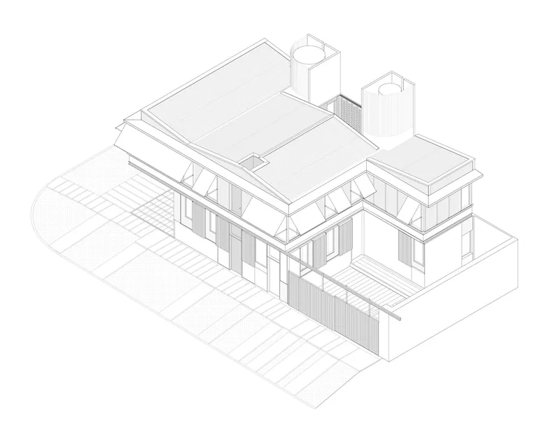 Axonometric drawing depicting interconnected pavilions with timber framing and flat roofs with chimneys