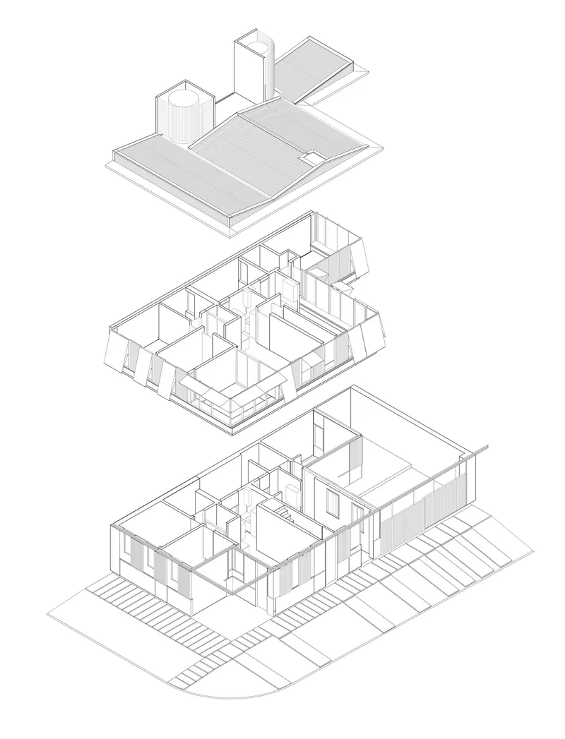 Exploded axonometric drawing showing three-level assembly of roof plane, interior partitions and ground floor