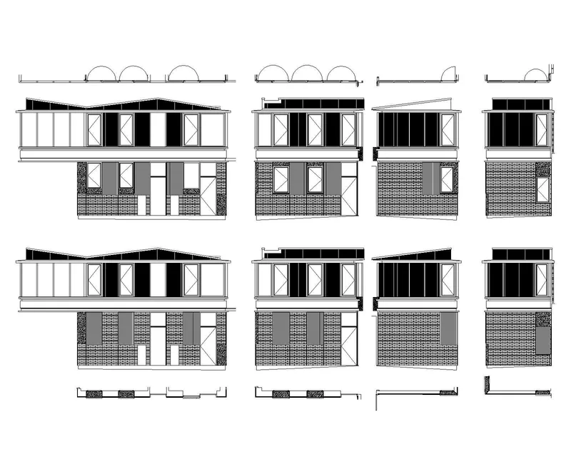 Elevation drawings displaying all four facades with alternating solid panels and glazed openings