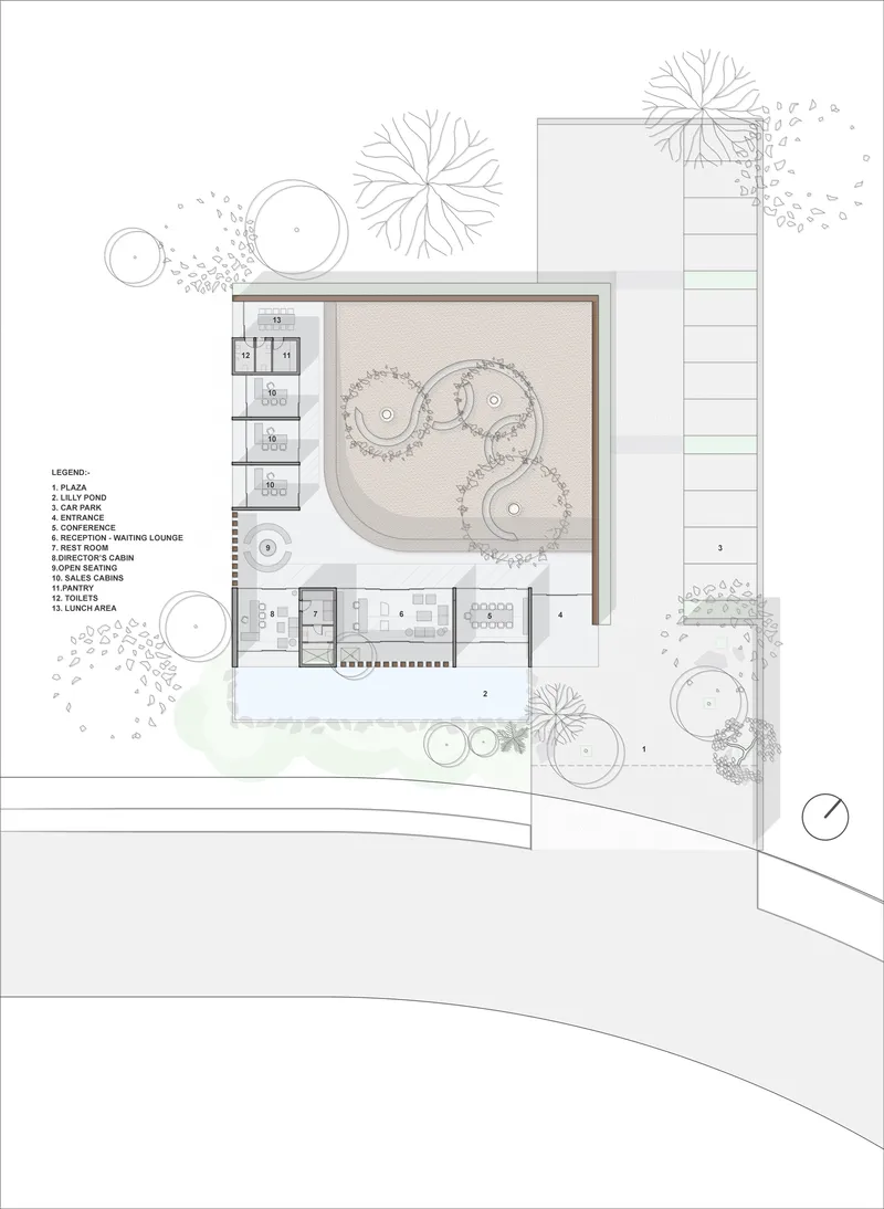 Site plan drawing showing rectangular building footprint with three curved courtyard volumes surrounded by landscaping
