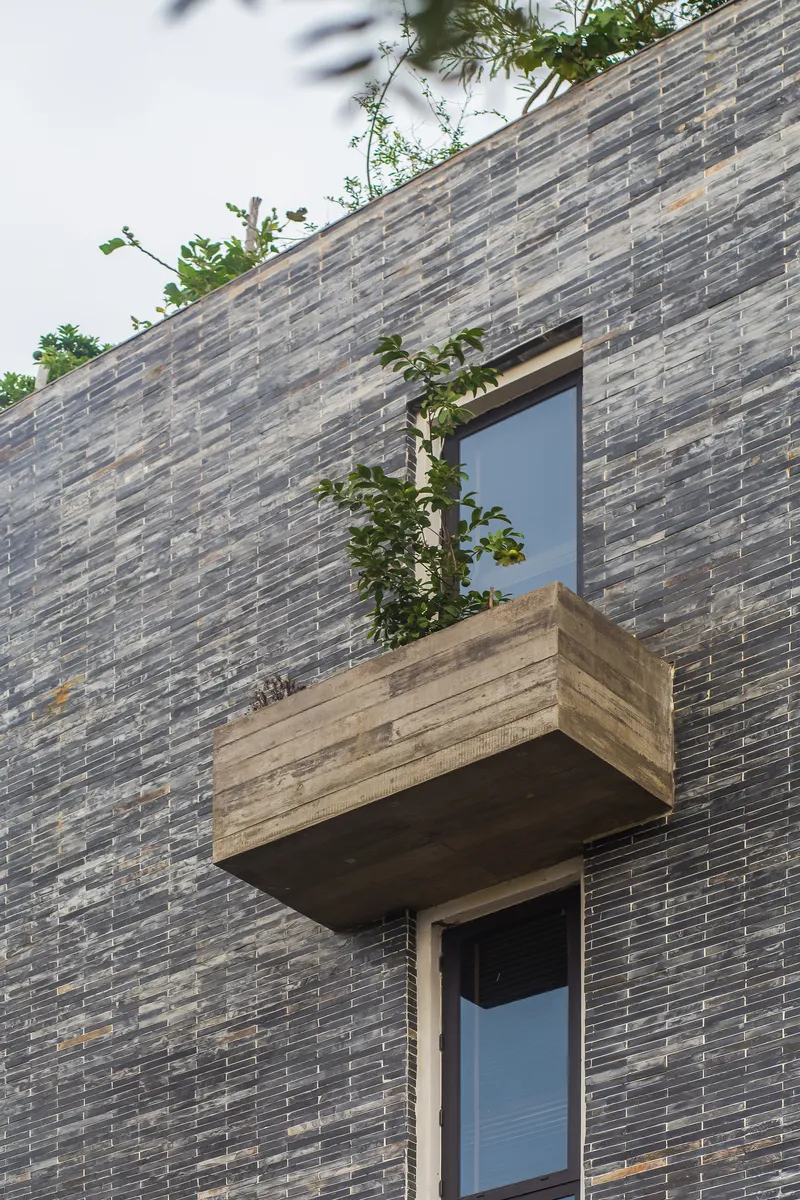 Cantilevered concrete planter balcony with climbing vines against a slate brick facade