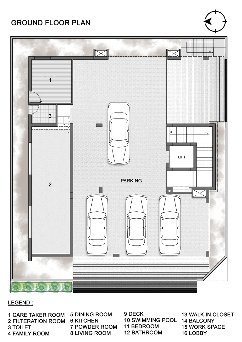 Ground floor plan showing parking for four vehicles with lift and stair access to upper levels