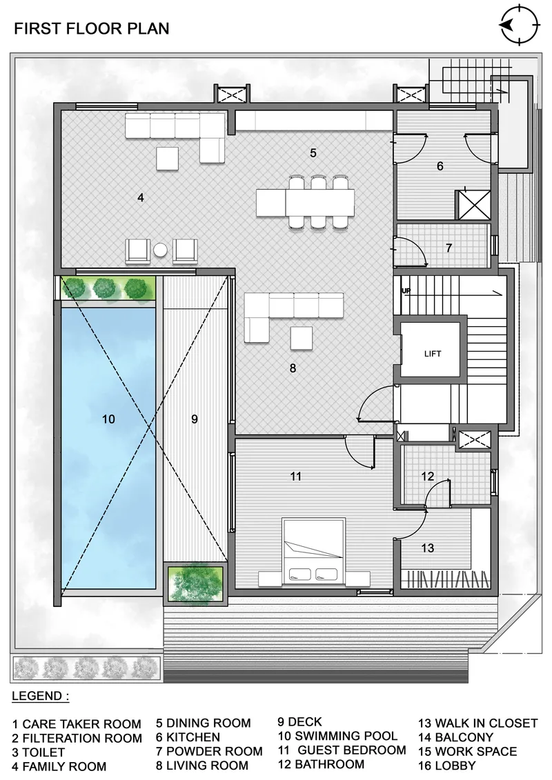 First floor plan showing open living and dining spaces adjacent to a swimming pool with planted edges
