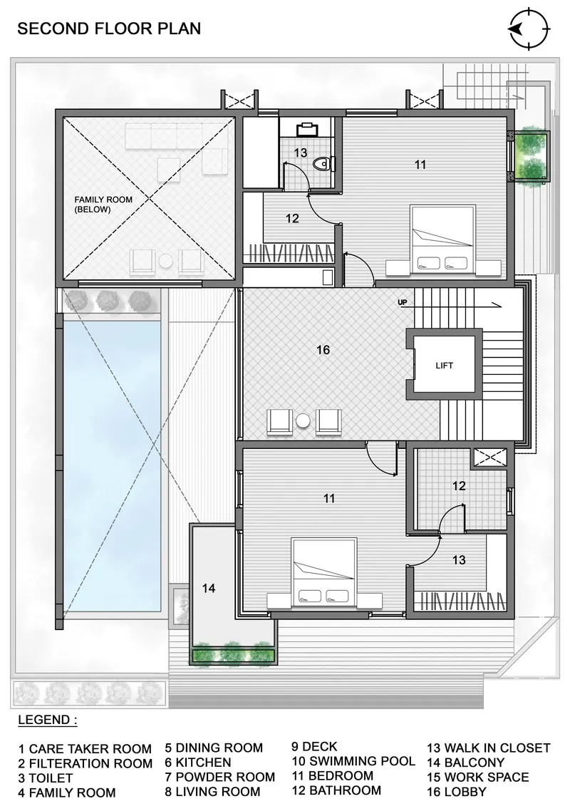 Second floor plan showing two bedroom suites flanking a central lobby with views over the pool void