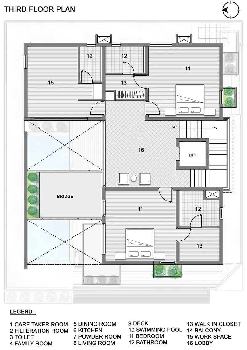 Third floor plan showing two bedroom suites and a bridge crossing over the double-height space below