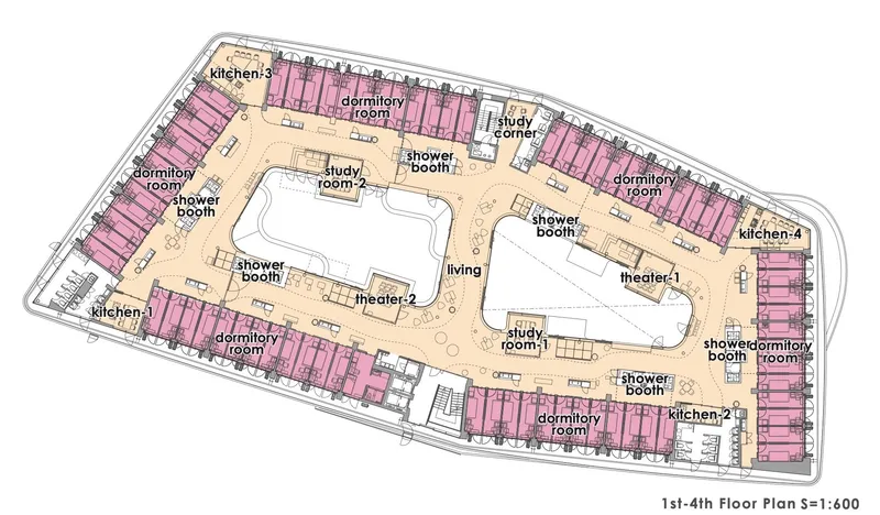 Floor plan drawing showing dormitory rooms along the perimeter and communal spaces around central voids