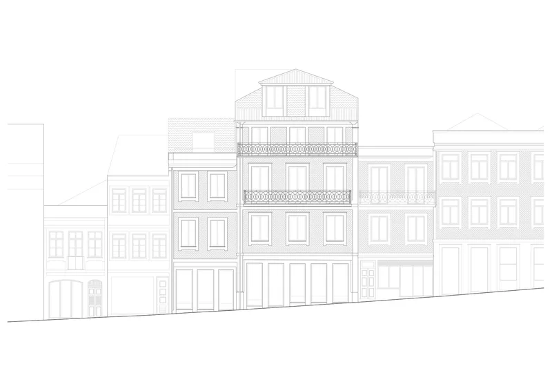 Street elevation drawing of a four-storey townhouse with balconies flanked by neighboring buildings