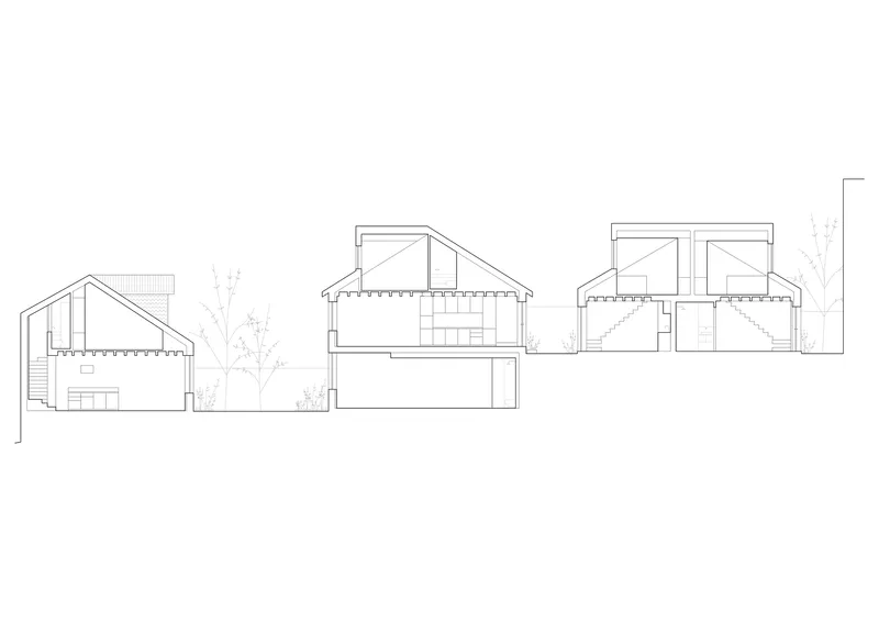 Section drawing showing three gabled townhouses with interior levels and courtyard trees