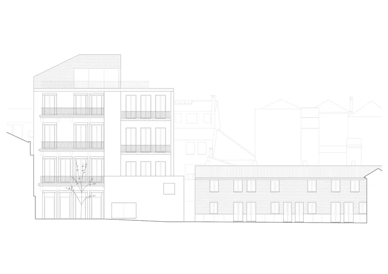 Rear elevation drawing of a multi-storey building with balconies next to a lower brick structure