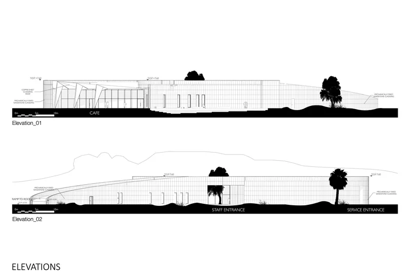 Elevation drawings showing the low horizontal building with gridded facade and silhouetted trees