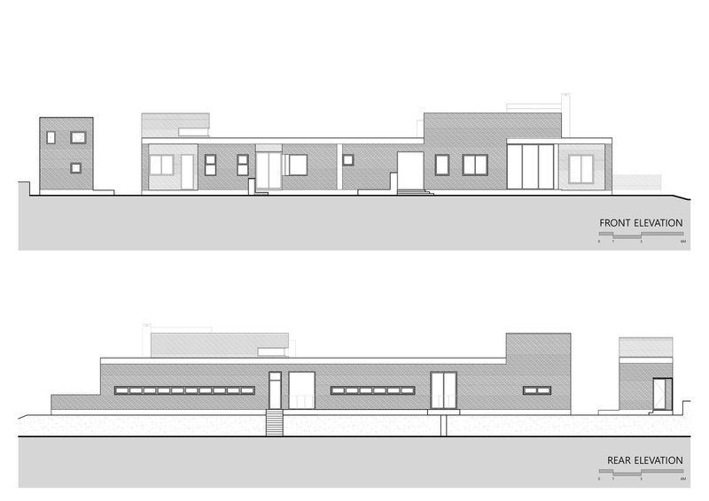 Front and rear elevation drawings showing the massing with varied heights and window openings