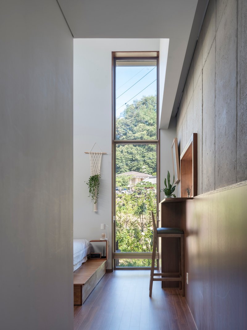 Narrow hallway with tall vertical window framing views of hillside foliage and overhead power lines