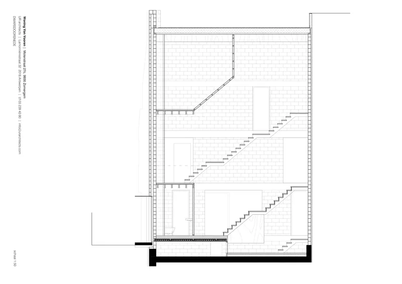 Section drawing showing the vertical circulation of staircases connecting three levels with masonry walls