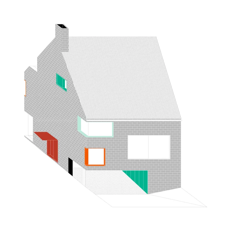 Axonometric drawing showing the house volume with pitched roof, chimney, and color-coded window openings