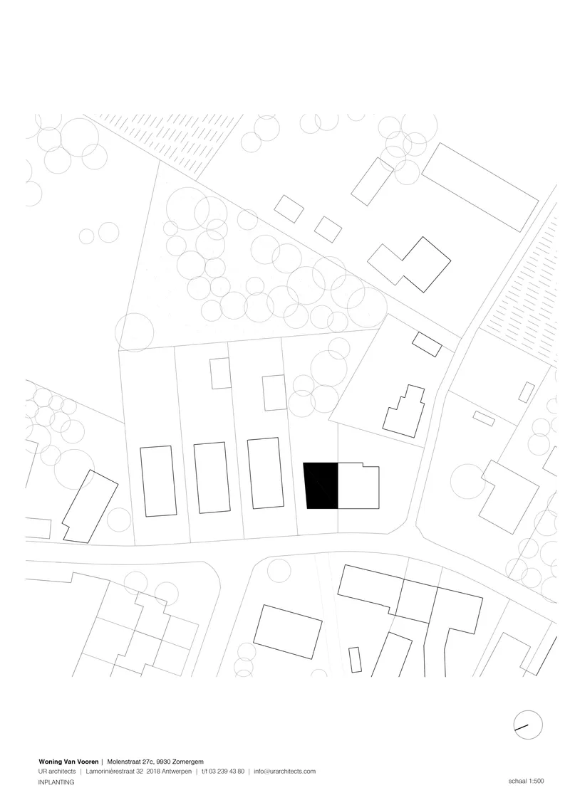 Site plan drawing showing building footprints, tree canopies, streets and one highlighted structure in black