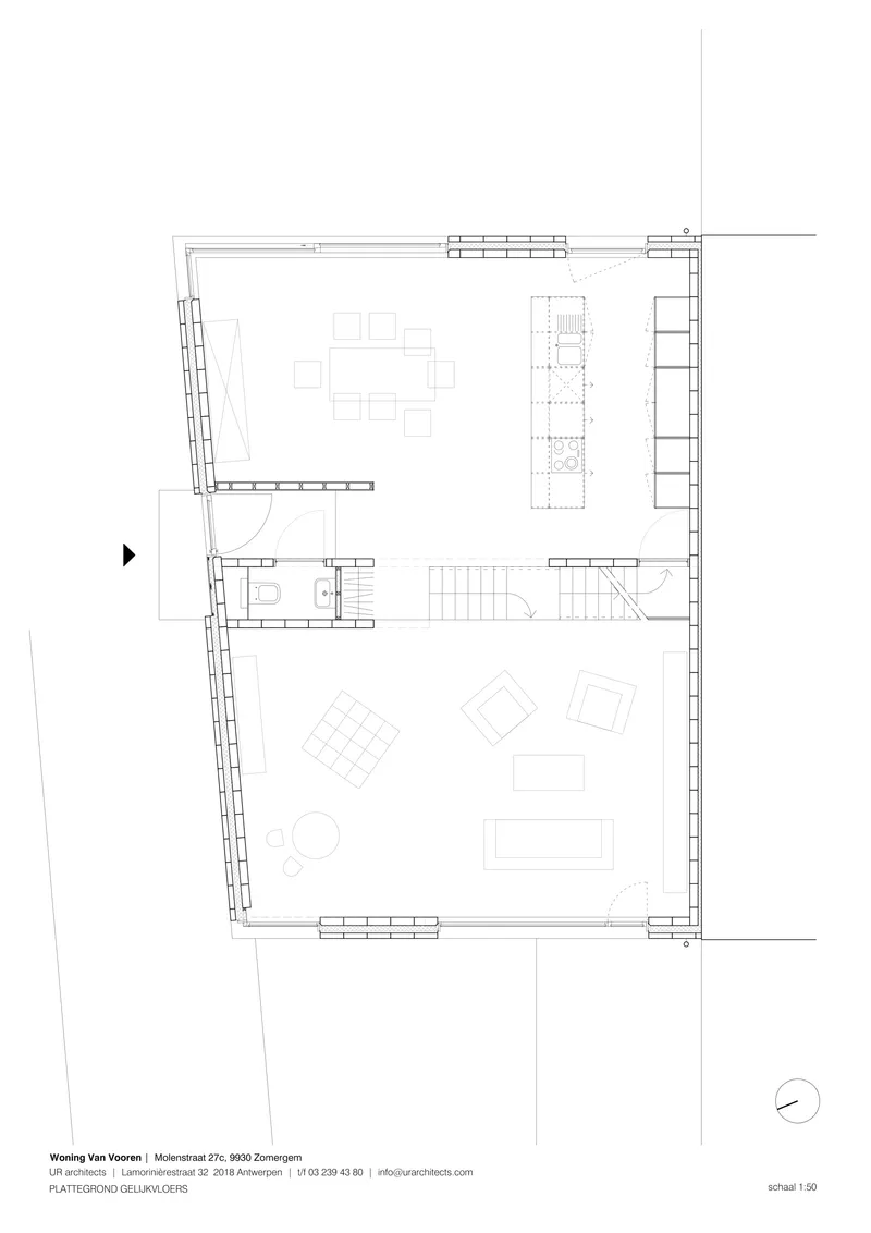 Floor plan drawing showing the ground level with dining area, kitchen island, stair, and living spaces