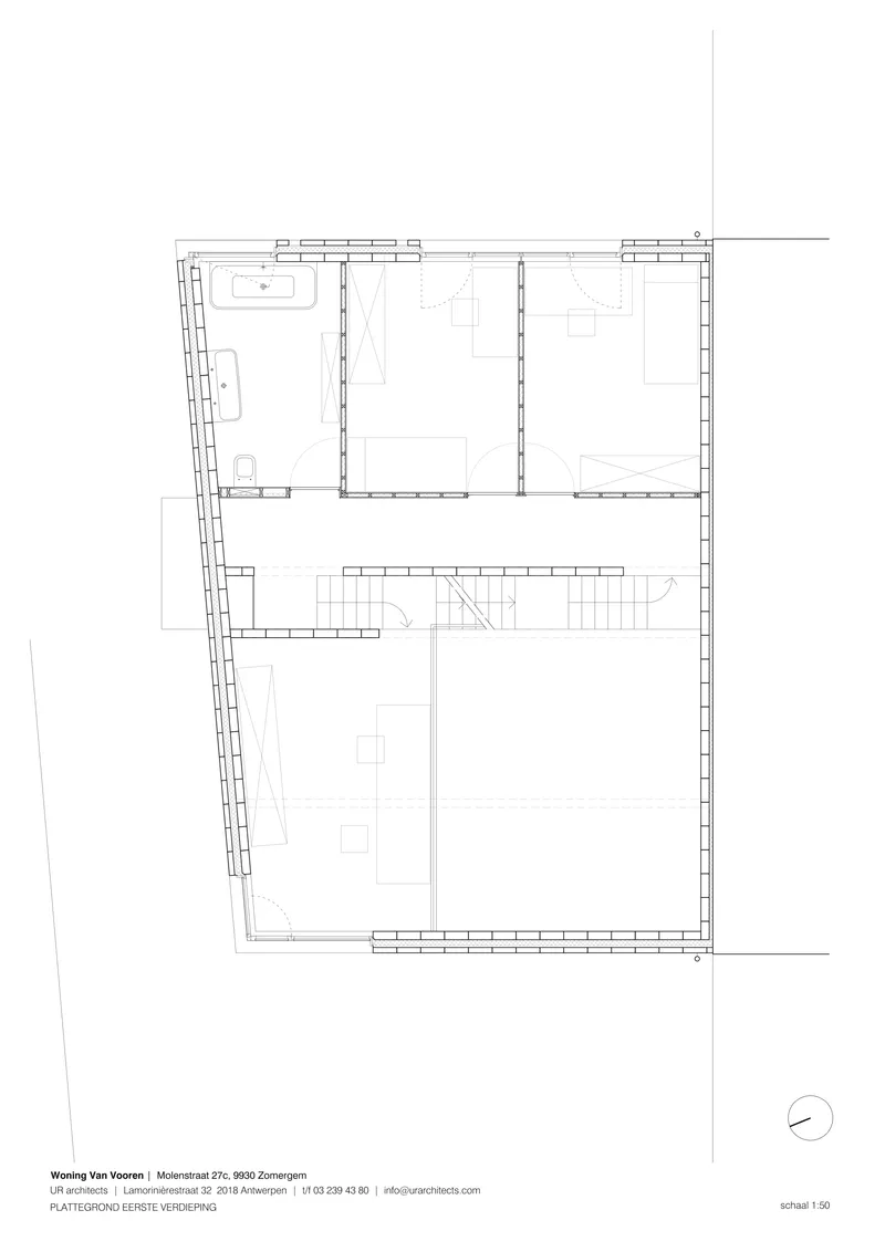 Floor plan drawing showing upper level with bathroom, bedrooms, and stair hall