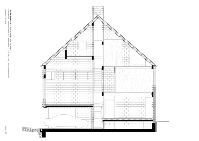 Section drawing showing the multi-story house with pitched roof, chimney, and parked car below