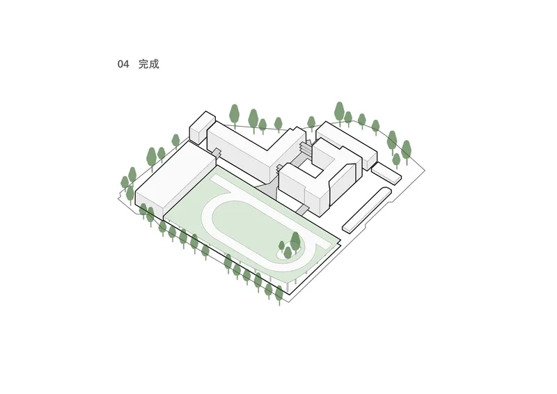 Axonometric drawing showing buildings arranged around a running track and green courtyard with perimeter trees