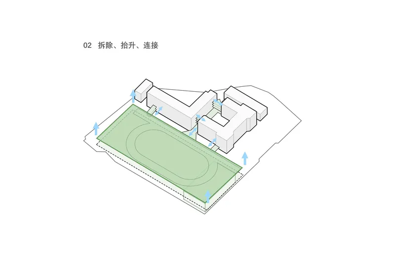 Axonometric diagram illustrating circulation arrows and connection points across a sports field and building complex