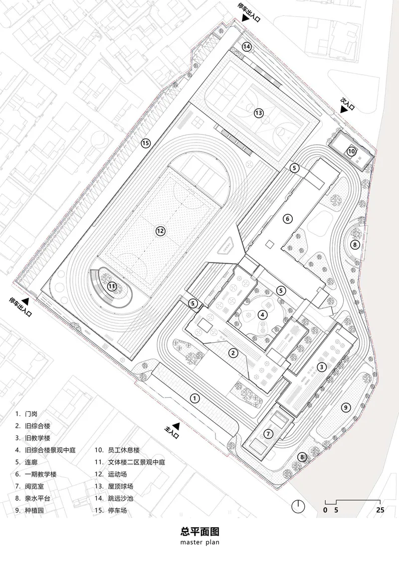 Master plan drawing depicting a running track, building footprints, and numbered landscape zones with urban context