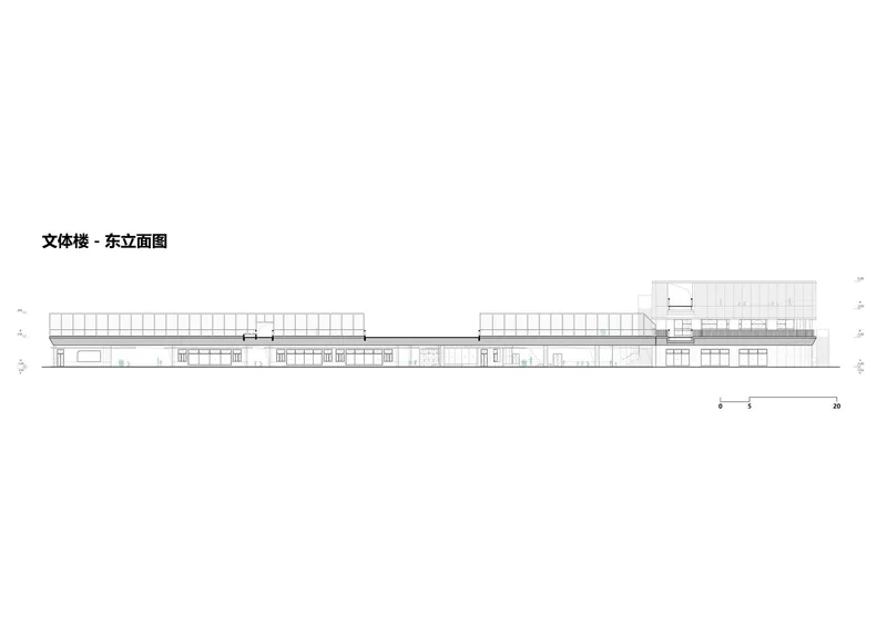 East elevation drawing displaying a long horizontal profile with stepped volumes and grid facade patterns