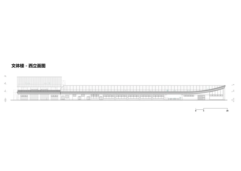 West elevation drawing showing the extended horizontal facade with a gently sloping roofline at one end
