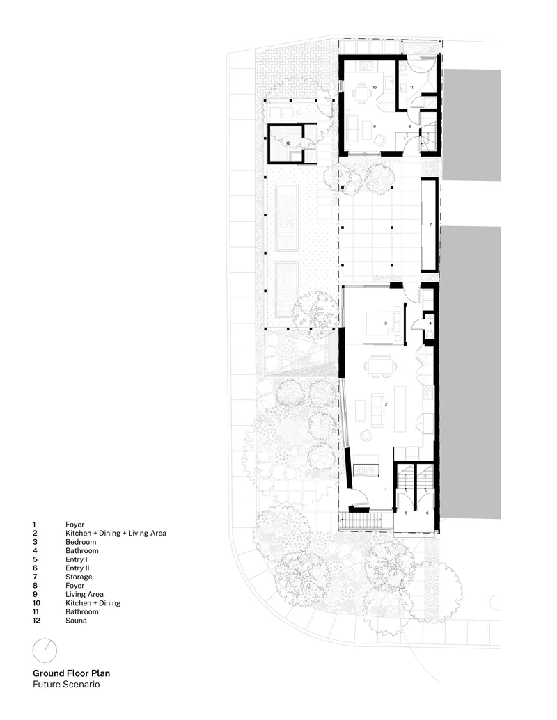 Ground floor plan drawing showing future configuration with combined living and dining spaces