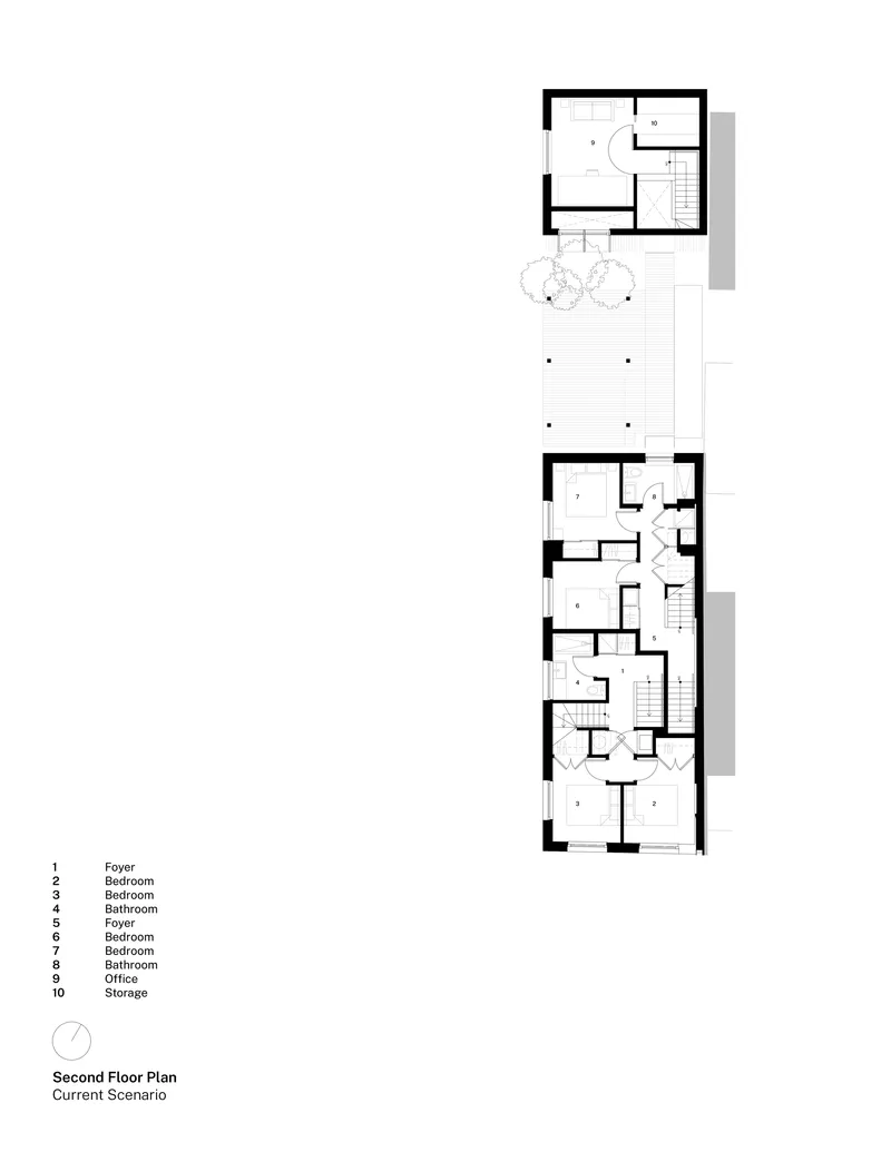 Second floor plan drawing showing bedrooms and bathrooms connected by a central staircase and outdoor deck