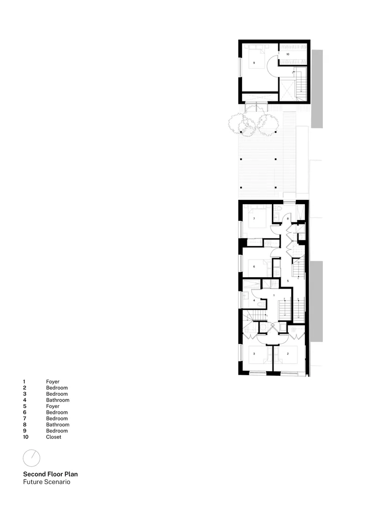 Second floor plan drawing showing the future scenario with bedroom layout and central circulation spaces
