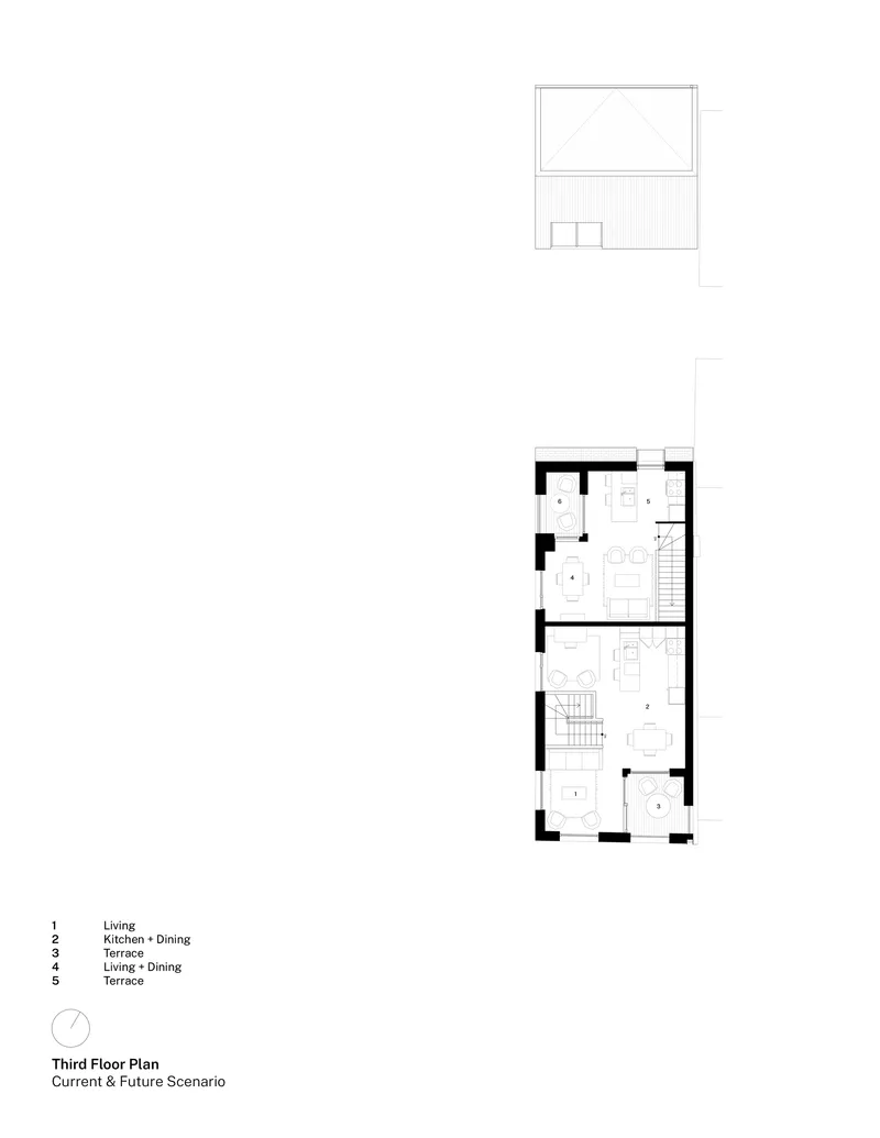 Third floor plan drawing showing living and dining spaces with a terrace and accessory structure above