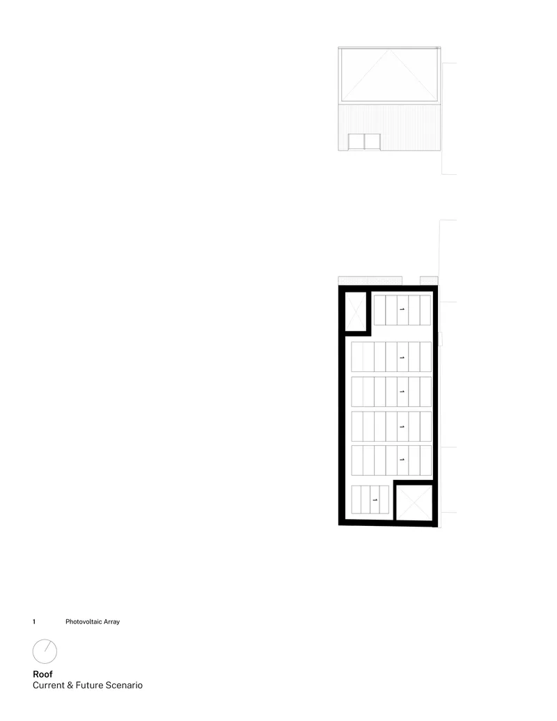 Roof plan drawing showing the photovoltaic array layout and accessory structure outline