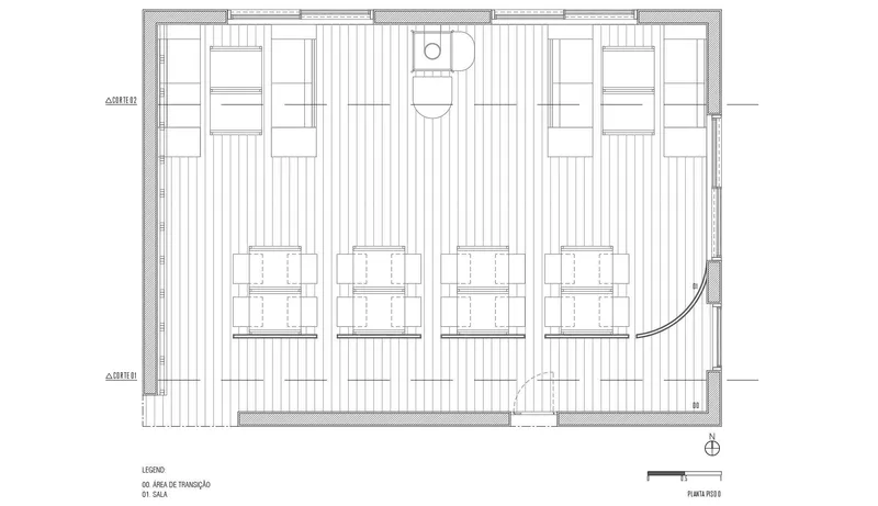 Floor plan drawing showing four seating alcoves arranged along a corridor with a central service core