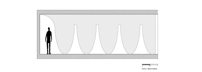 Section drawing showing five curved partition elements with a human figure for scale at left