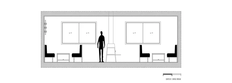 Section drawing showing two mirrored seating alcoves with benches and framed openings with figure for scale