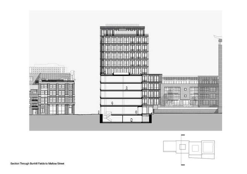 Section drawing showing a multi-storey tower rising above lower adjacent structures with basement levels