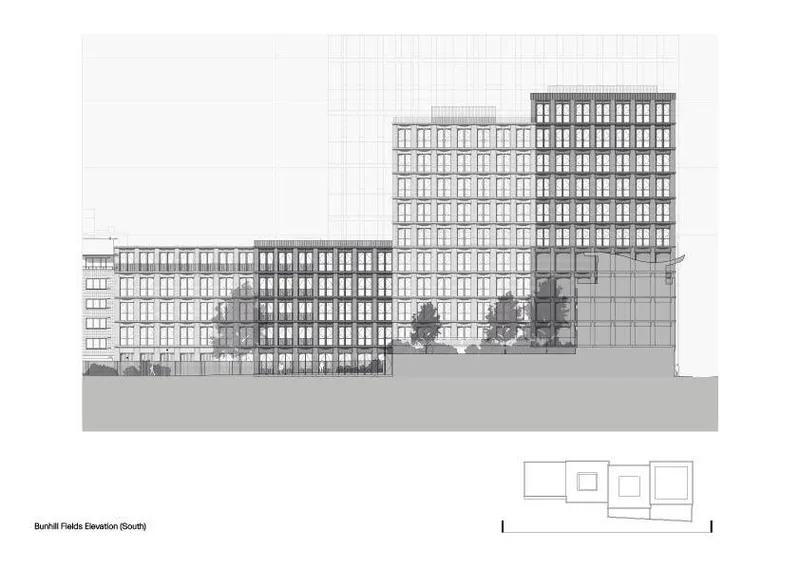 Elevation drawing depicting a series of connected buildings with gridded facades along a street frontage