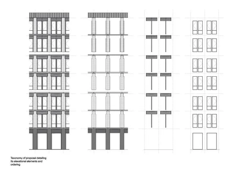 Elevational taxonomy drawing showing four facade cladding variations with columns and spandrel panels