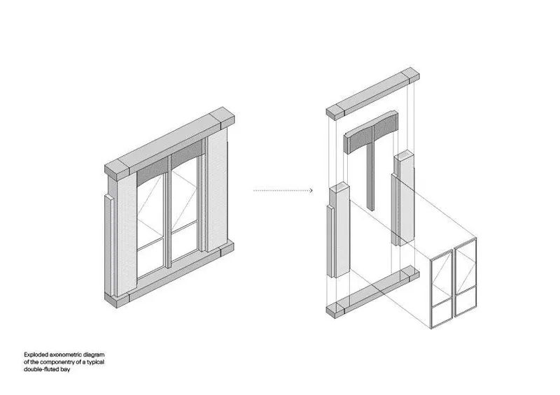 Exploded axonometric diagram illustrating the assembly of a window bay with frame and spandrel components